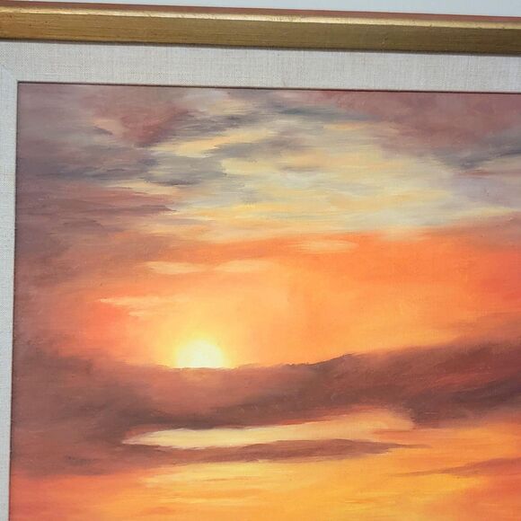 VTG 1973 Ocean Sunset Sea Landscape Oil Painting Frame 21 1/2" x 24 1/2" Red Sky - Picture 2 of 16